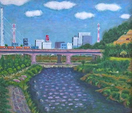 展覧会時期：2013年6月7日～7月6日、展覧会名：油絵ひまわり会　多摩川風景画展作品、作者名：秋山義則、作品名：多摩川のJR鉄道橋　F10