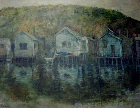 作者：増田良一、作品名：船宿（F100）、発表時期・展覧会名：2001年05月　第49回光陽展