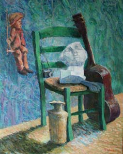 作者名：大野起生、作品名：椅子の上の石膏像　(F30)、発表時期：2003年7月