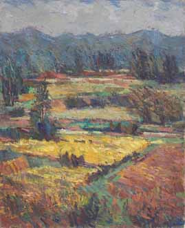 作者名：大野起生、作品名：黄色い田の風景　(F15)、発表時期：2009年4月