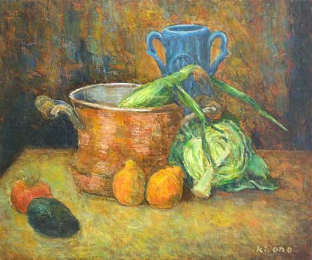 発表時期：2013年3月、展覧会名：第28回油絵ひまわり会展、作者名：大野起生、作品名・サイズ：夏の野菜　F20