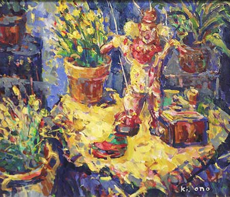 発表時期：2013年9月、展覧会名：第25回NEC府中アート倶楽部展、作者名：大野起生、作品名：楽しい仲間　F10