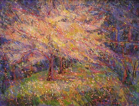 発表時期：2013年11月、展覧会名：第49回府中市民芸術文化祭洋画展、作者名：大野起生、作品名：桜舞う　P15