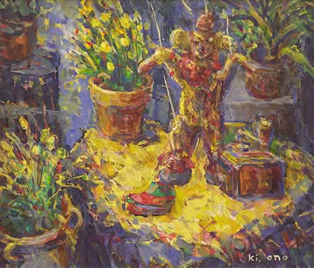 発表時期：2013年11月、展覧会名：第5回牛の会展、作者名：大野起生、作品名：陽気な卓上　F10